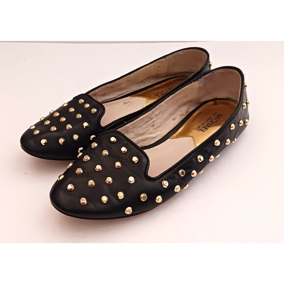 Michael Kors Ailee Blk Leather Flats Gold Studs 7.5M - Picture 8 of 8